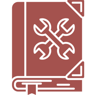 Book with crossed wrenches icon.