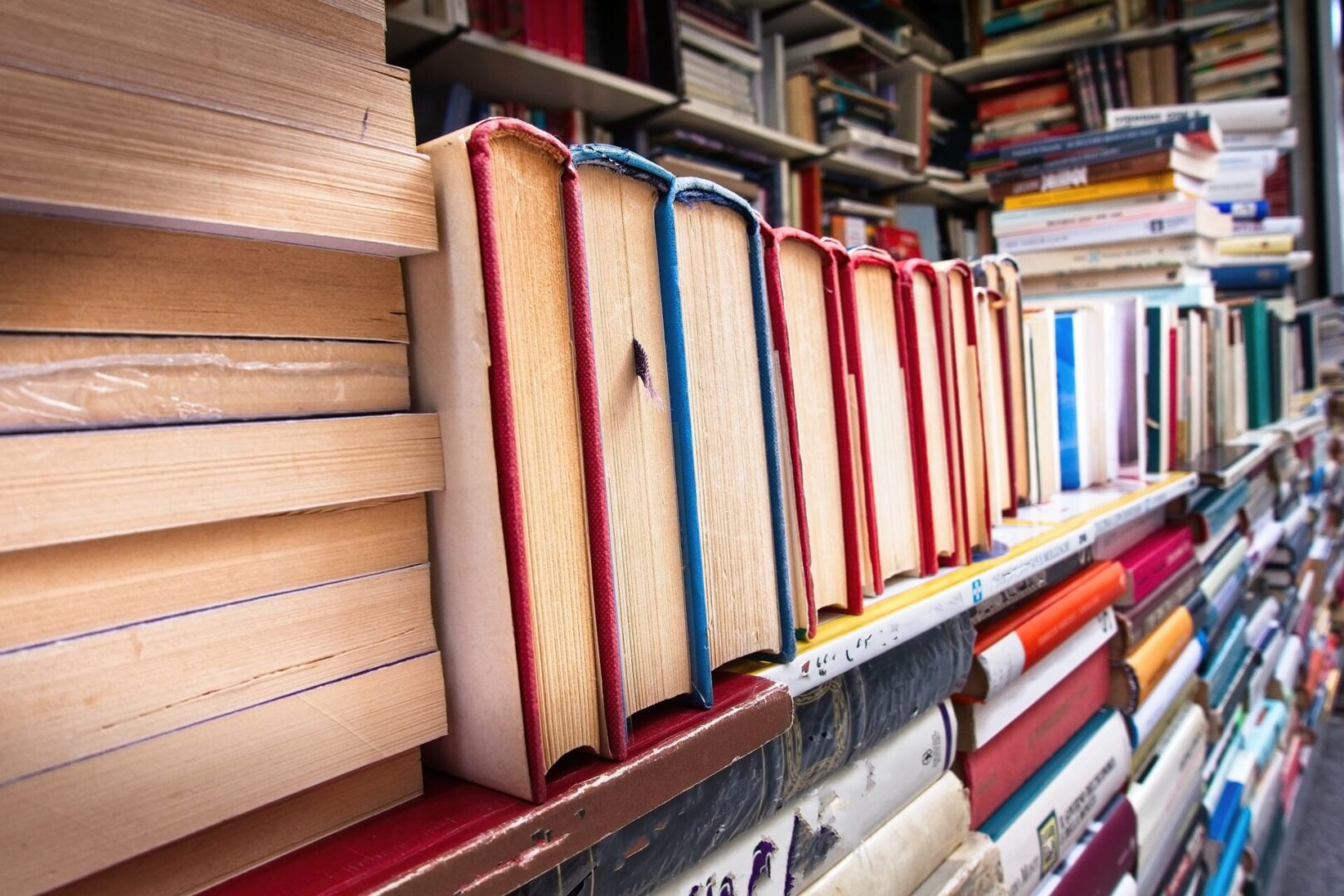 Books stacked on shelves in bookstore.